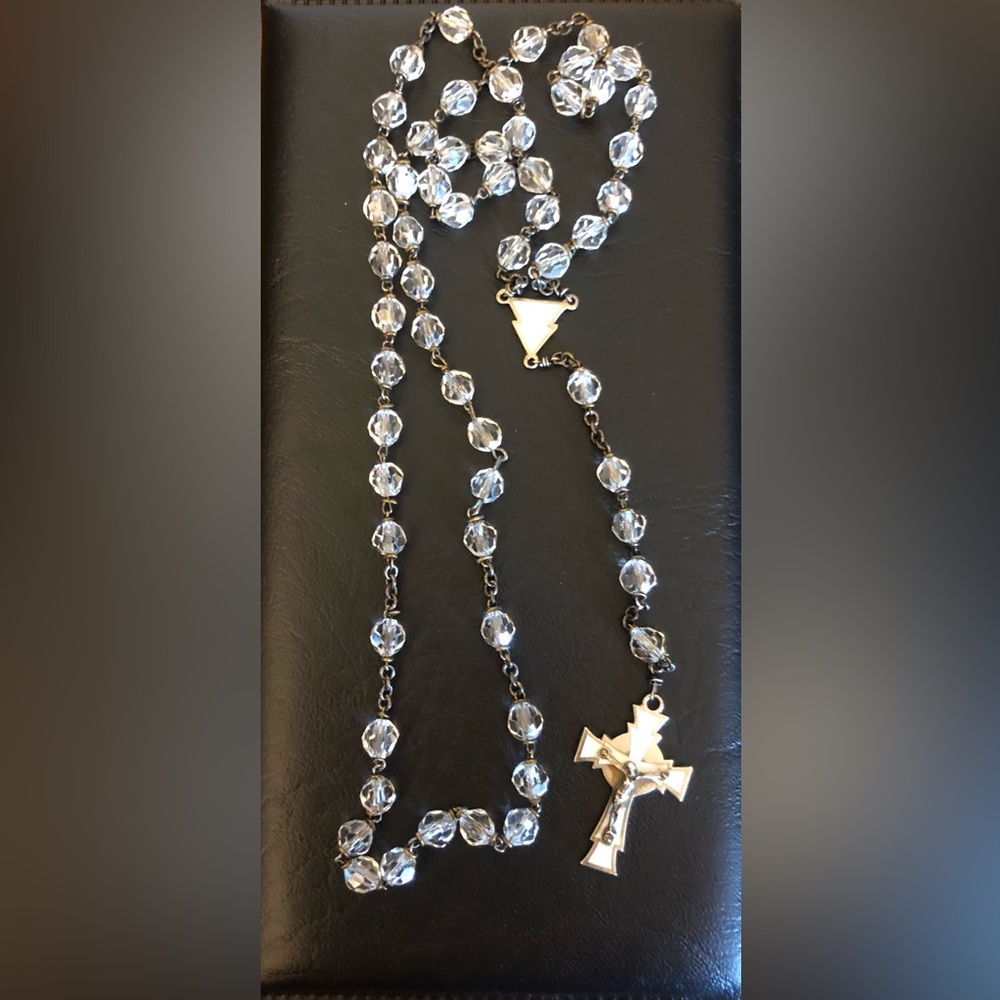 Vintage Catholic 800  Silver, White Enamel Crucifix & Center,Crystal  Rosary
